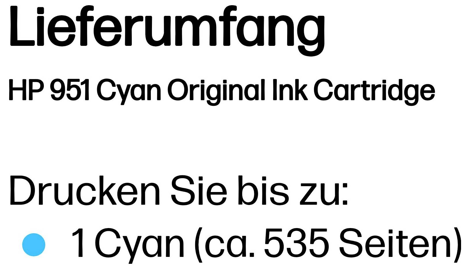 HP 951 Cyaan Originele Inktcartridge: drukt tot 535 pagina's en bevat 1 cyaan cartridge.