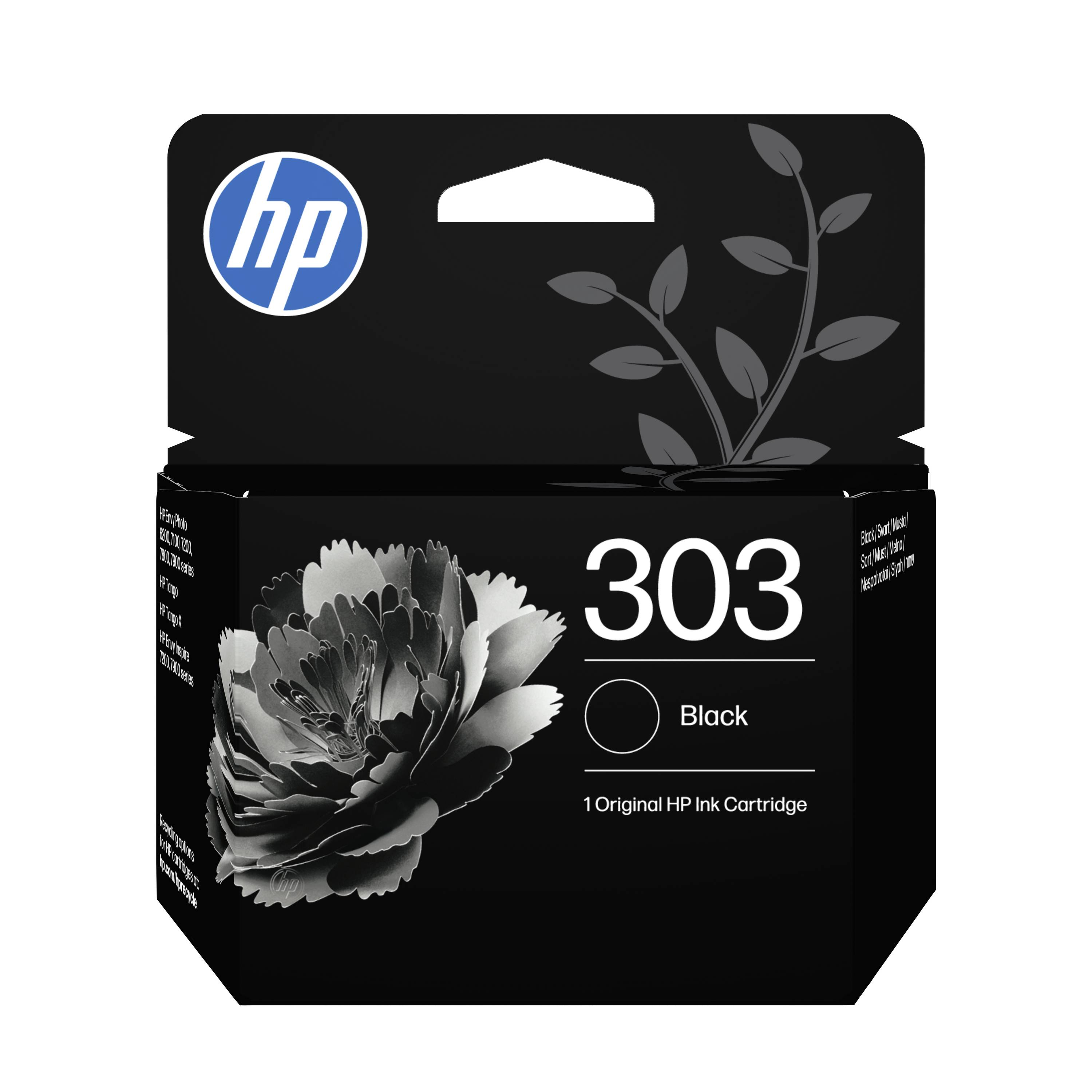 HP 303 zwarte originele inktcartridge verpakking met HP-logo en bloemenafbeelding.