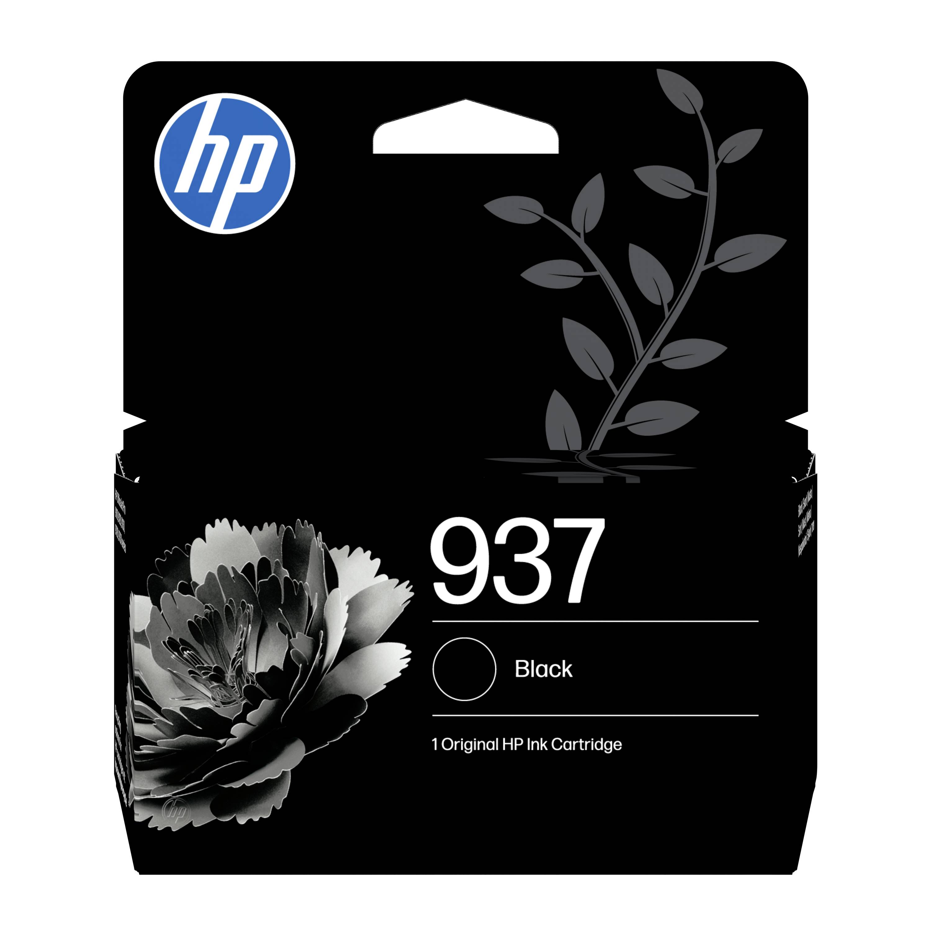 HP 937 zwarte originele inktcartridge verpakking met bloemdessin en 'Zwart'-etiket.