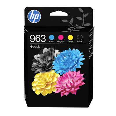 HP 963 4-pack inktcartridge doos, gelabeld Cyaan, Magenta, Geel en Zwart, met vier gekleurde bloemafbeeldingen op een zwart pakket.