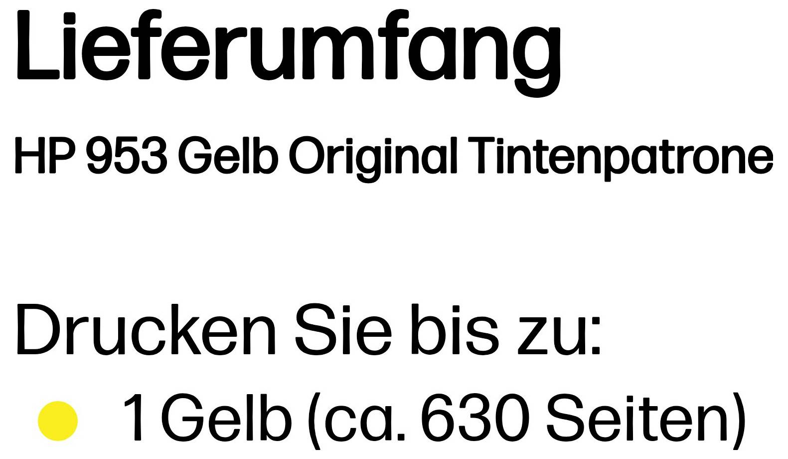 Leveringsomvang voor HP 953 gele originele inktpatroon, afdrukcapaciteit tot ongeveer 630 pagina's per gele patroon.