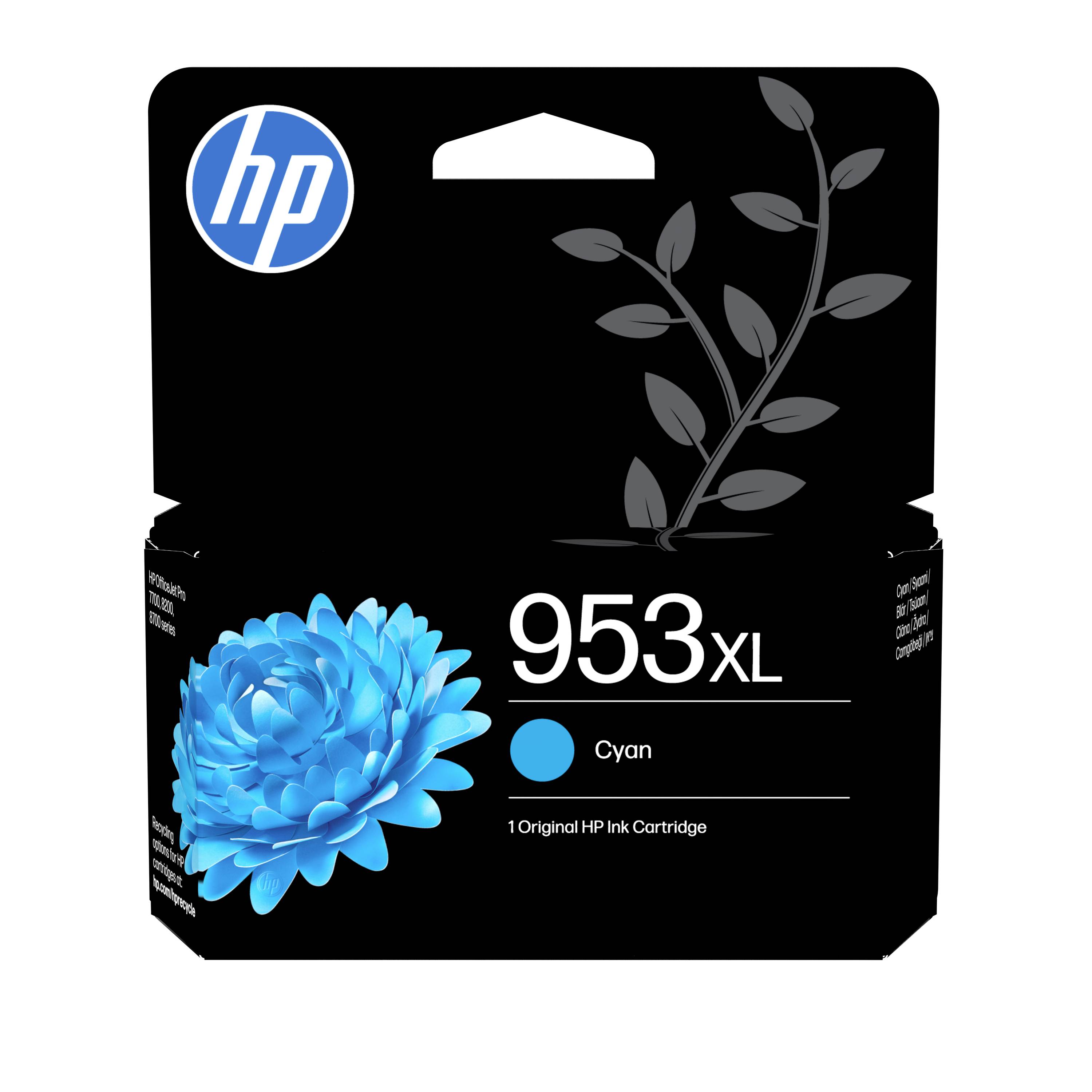 HP 953XL cyaan inktcartridge doos met blauwe bloemenafbeelding en HP-logo op een zwart pakket.