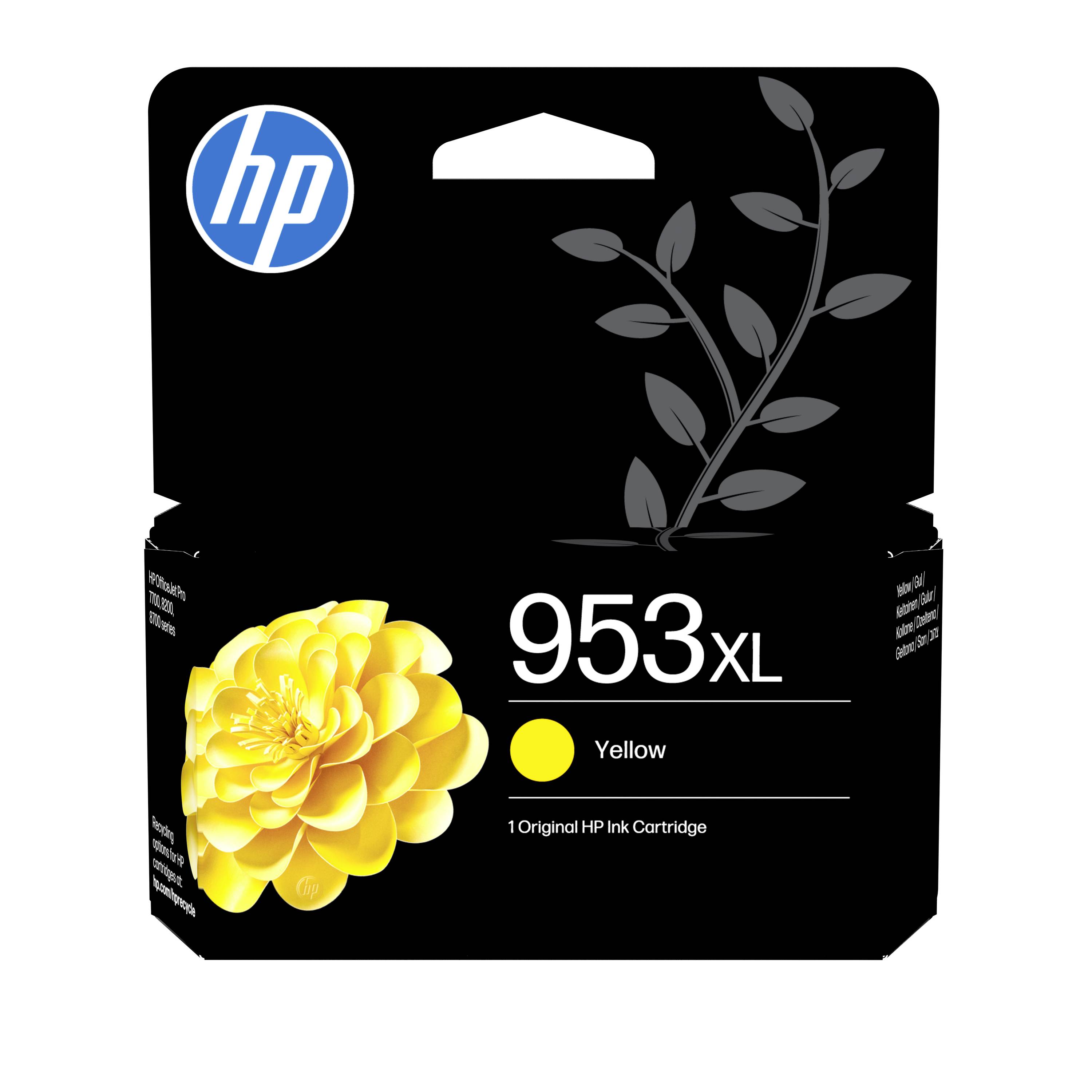 HP 953XL gele inktcartridge doos met HP-logo en bloemenafbeelding op zwarte verpakking.