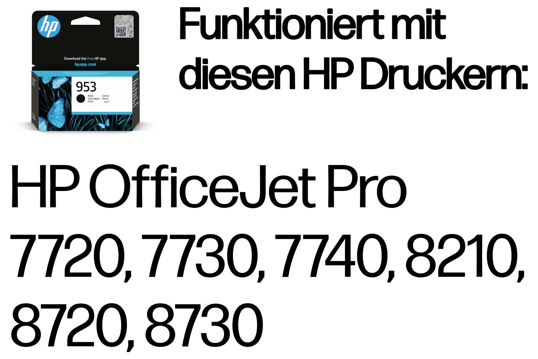 HP 953 inktcartridge verpakking met Nederlandse tekst: 'Werkt met deze HP-printers:' en compatibele modellen HP OfficeJet Pro 7720, 7730, 7740, 8210, 8720, 8730.