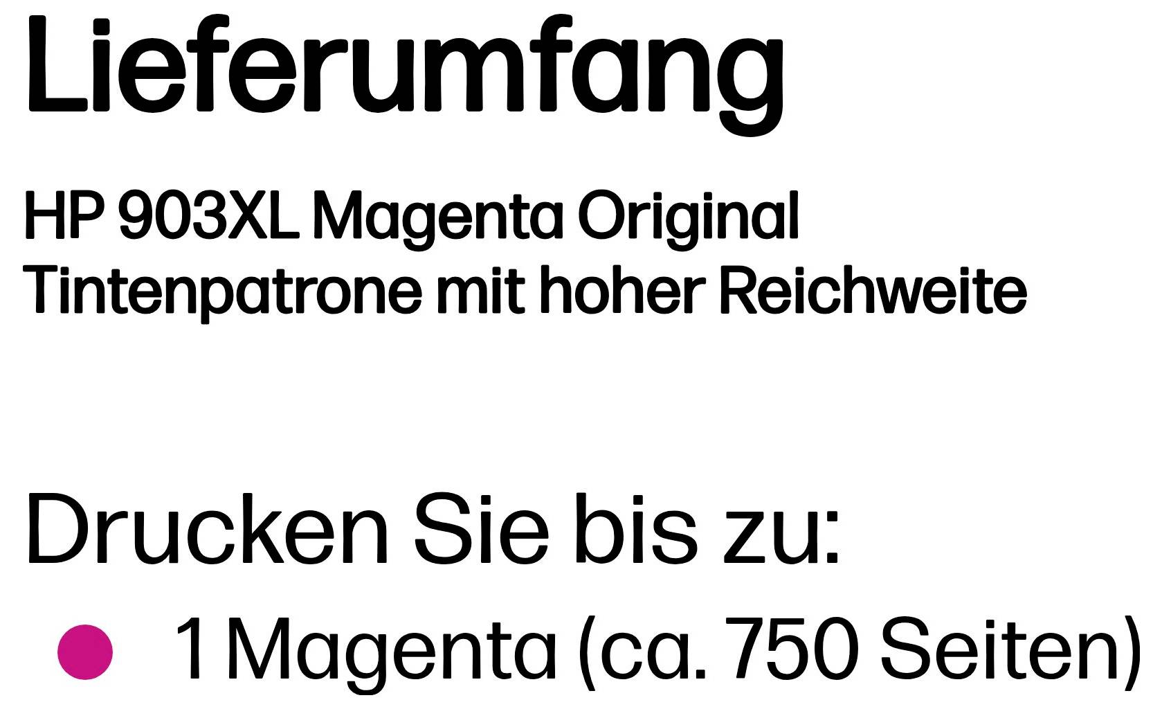 Leveringsinhoud voor HP 903XL Magenta originele inktcartridge met hoge capaciteit; drukt tot 1 magenta cartridge, ongeveer 750 pagina's.