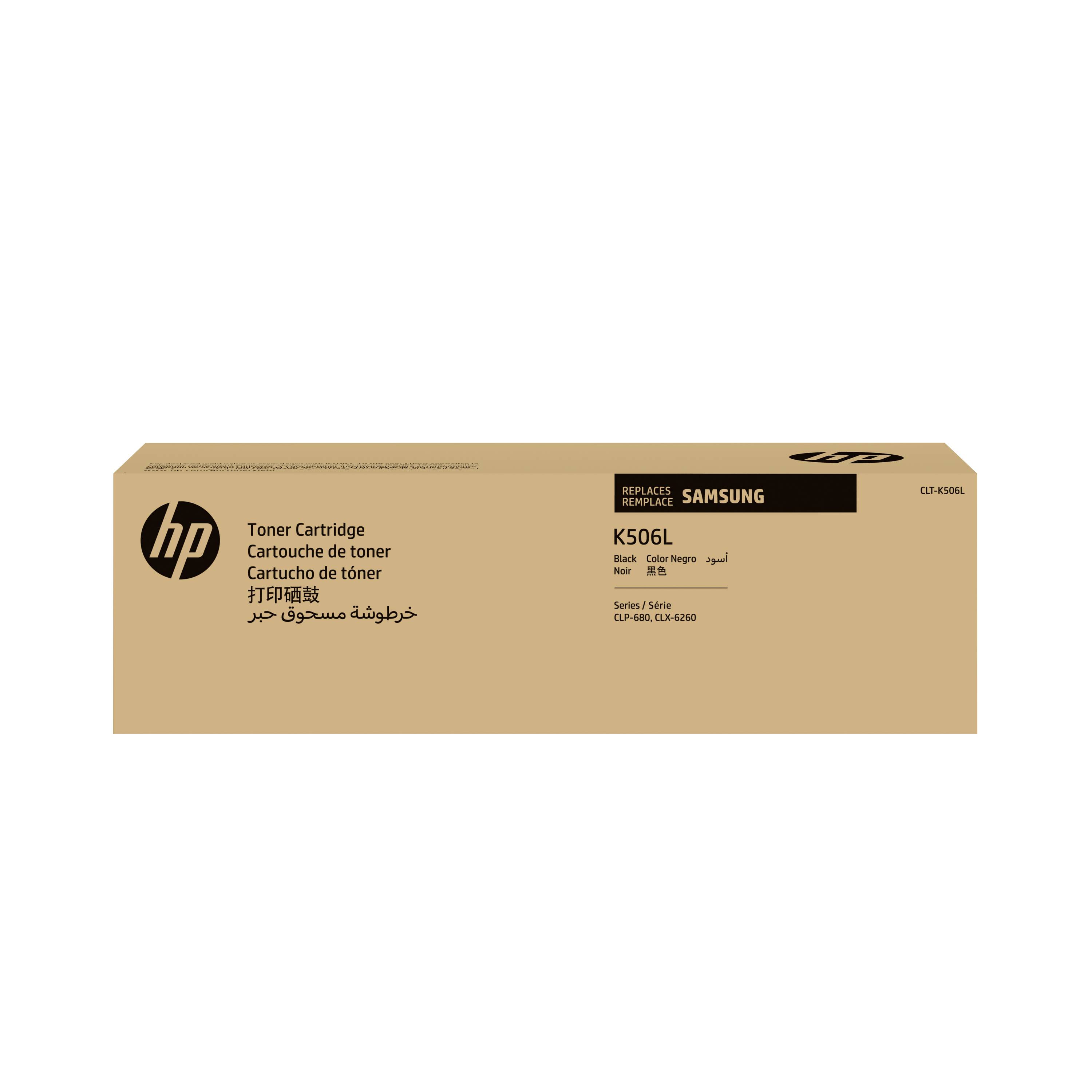HP tonercartridge doos gelabeld 'K506L' en 'Vervangt Samsung' op een beige verpakking tegen een witte achtergrond.