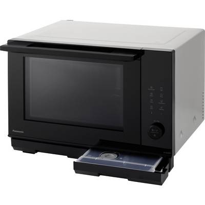 Zwarte Panasonic magnetron met een uitschuifbare ladetray uitgeschoven, weergegeven op een witte achtergrond.