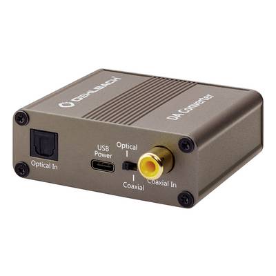 Compacte digitaal-naar-analoog audioomzetter met optische en coaxiale ingangspoorten, USB-voeding en een gele coaxiale connector.