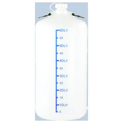 Witte kunststof tank met niveaumarkeringen van 5 tot 60 liter aan de voorkant, getoond op een lichtblauwe achtergrond.