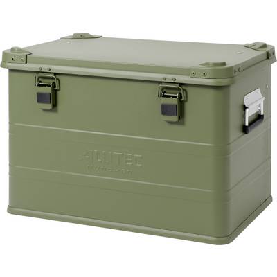 Olijfgroene harde koelbox met sluitingsklemmen en zijgrepen op een witte achtergrond.