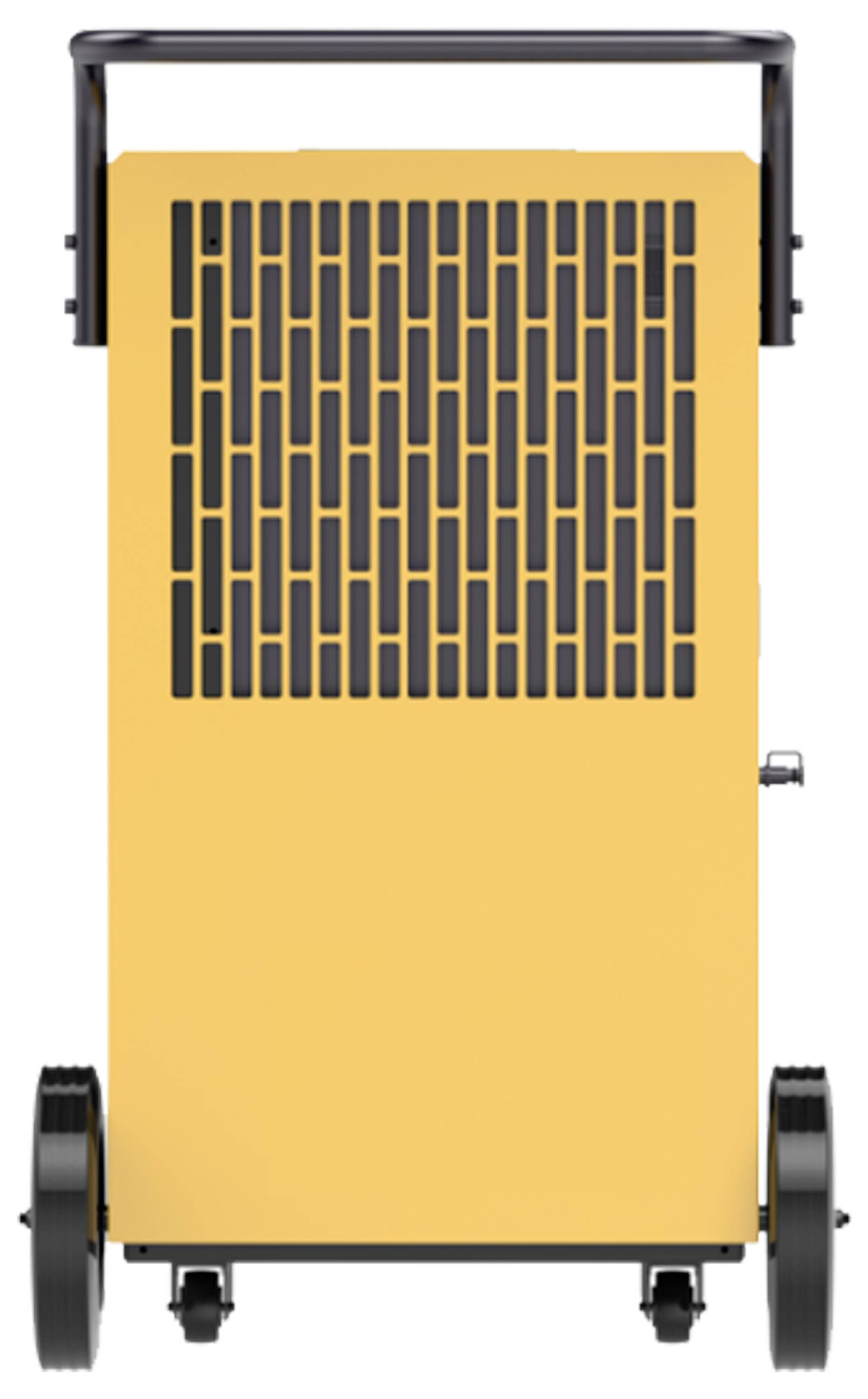 Gele industriële machine met grote wielen, bovenste handvat en ventilatierooster aan de voorkant, weergegeven op een witte achtergrond.