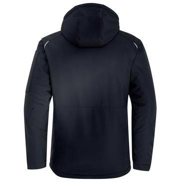 Achteraanzicht van een marineblauw jack met capuchon en lange mouwen op een effen witte achtergrond.