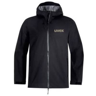 Zwart capuchon rits-jack met 'uvex' logo op de borst, weergegeven in vooraanzicht op een witte achtergrond.