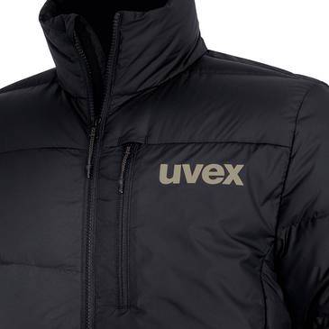 Zwart pufferjas met hoge kraag en 'uvex' logo op de borst.