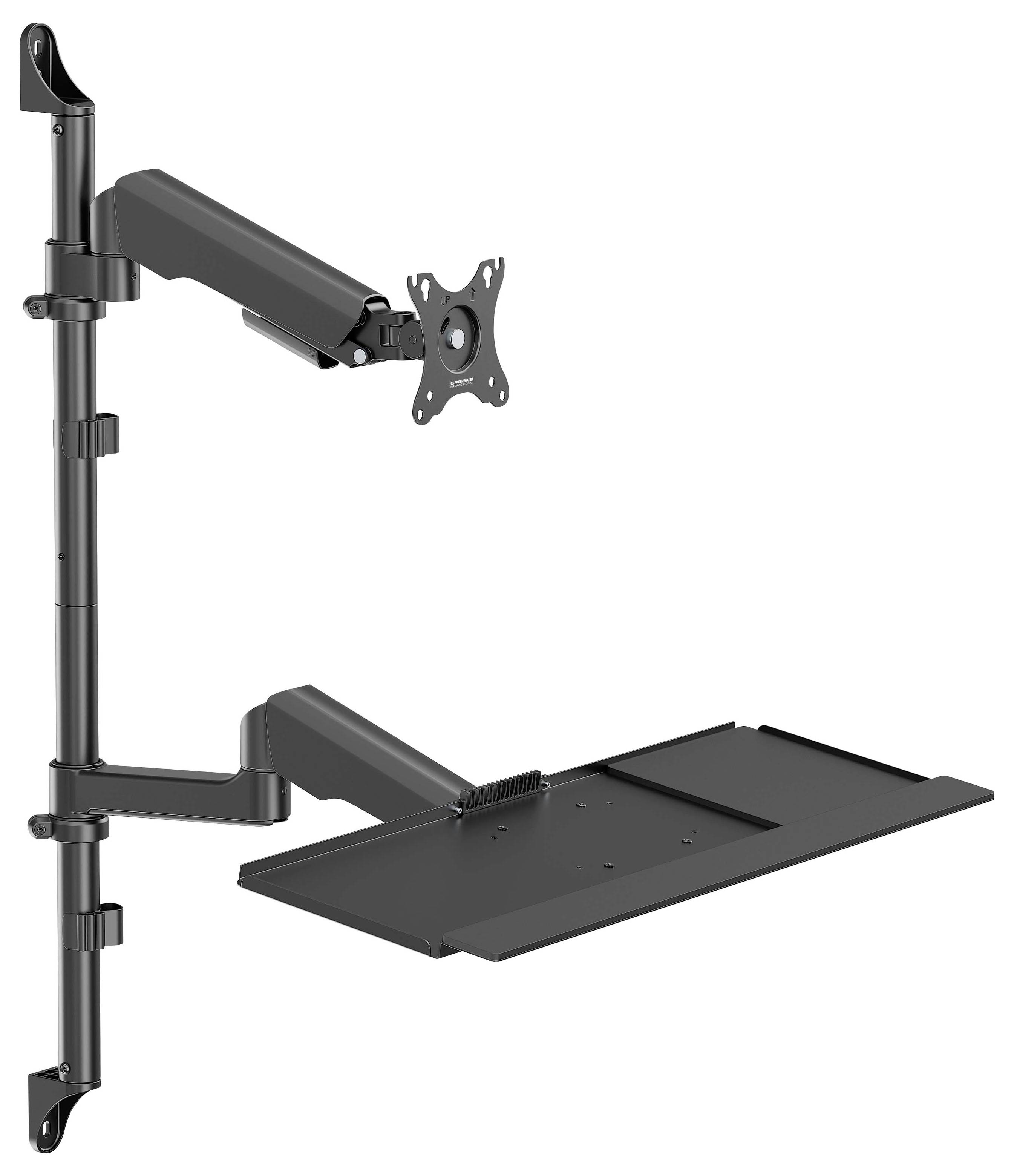 Zwart verstelbare monitorarm met paalmontage en laptophouder op een verticaal standaard, weergegeven met VESA-monitorplaat en plankaansluiting.