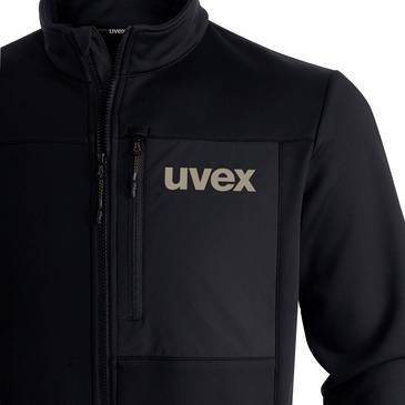 Zwart ritsjack met 'uvex' logo op de borst, weergegeven tegen een witte achtergrond.