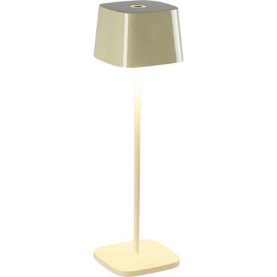 Een moderne beige vloerlamp met een vierkante voet, slanke paal en afgeronde kap, afgebeeld tegen een witte achtergrond.