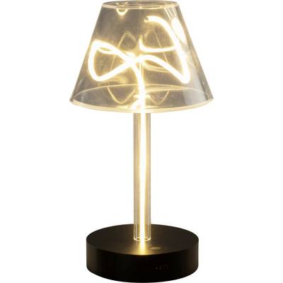 Een moderne gouden tafelamp met een transparante kap en zwart cirkelvormig voetje, verlicht tegen een witte achtergrond.