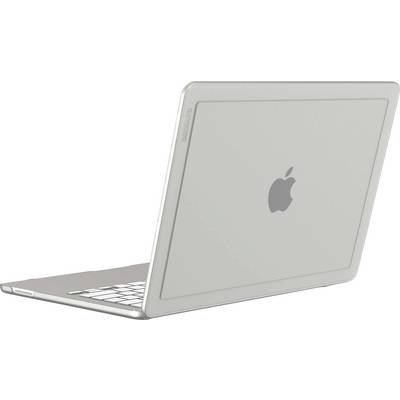 Zilveren Apple MacBook laptop gedeeltelijk open getoond op een witte achtergrond, gezien van achteren en zijkant met het zichtbare Apple-logo.
