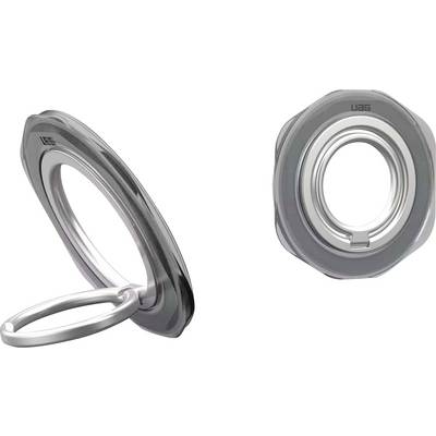 Zilveren metalen stropcijfer-oog en ring-hardware weergegeven in hoekzicht van opzij en vooraanzicht op witte achtergrond.