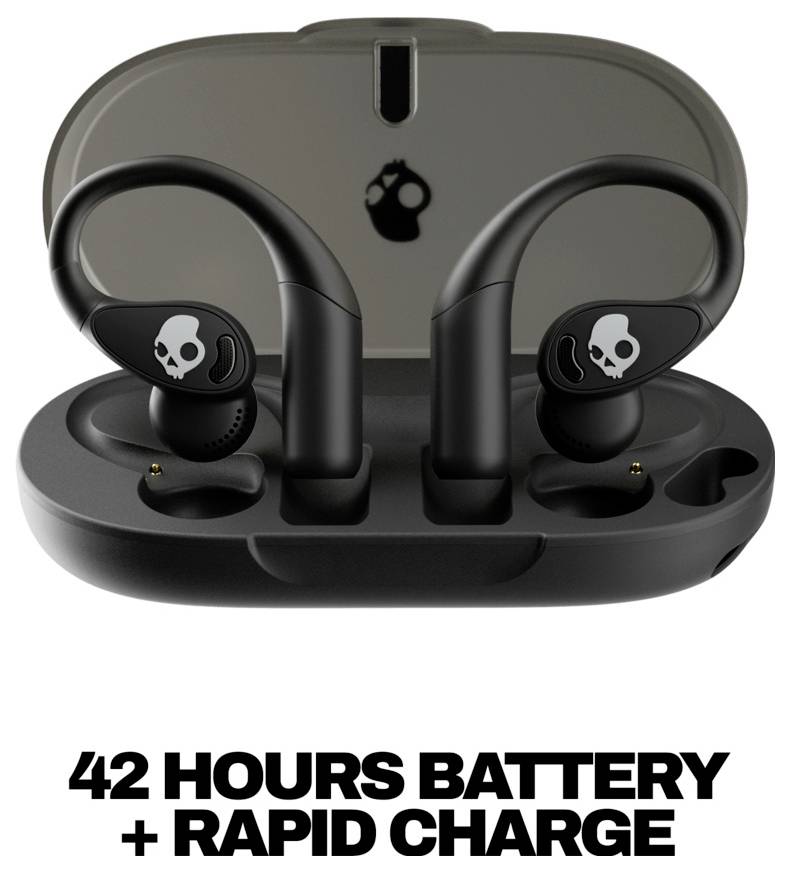 Zwarte draadloze oordopjes in een open oplaadcase met de tekst '42 UUR BATTERIJ + SNELLE OPLADING' eronder.