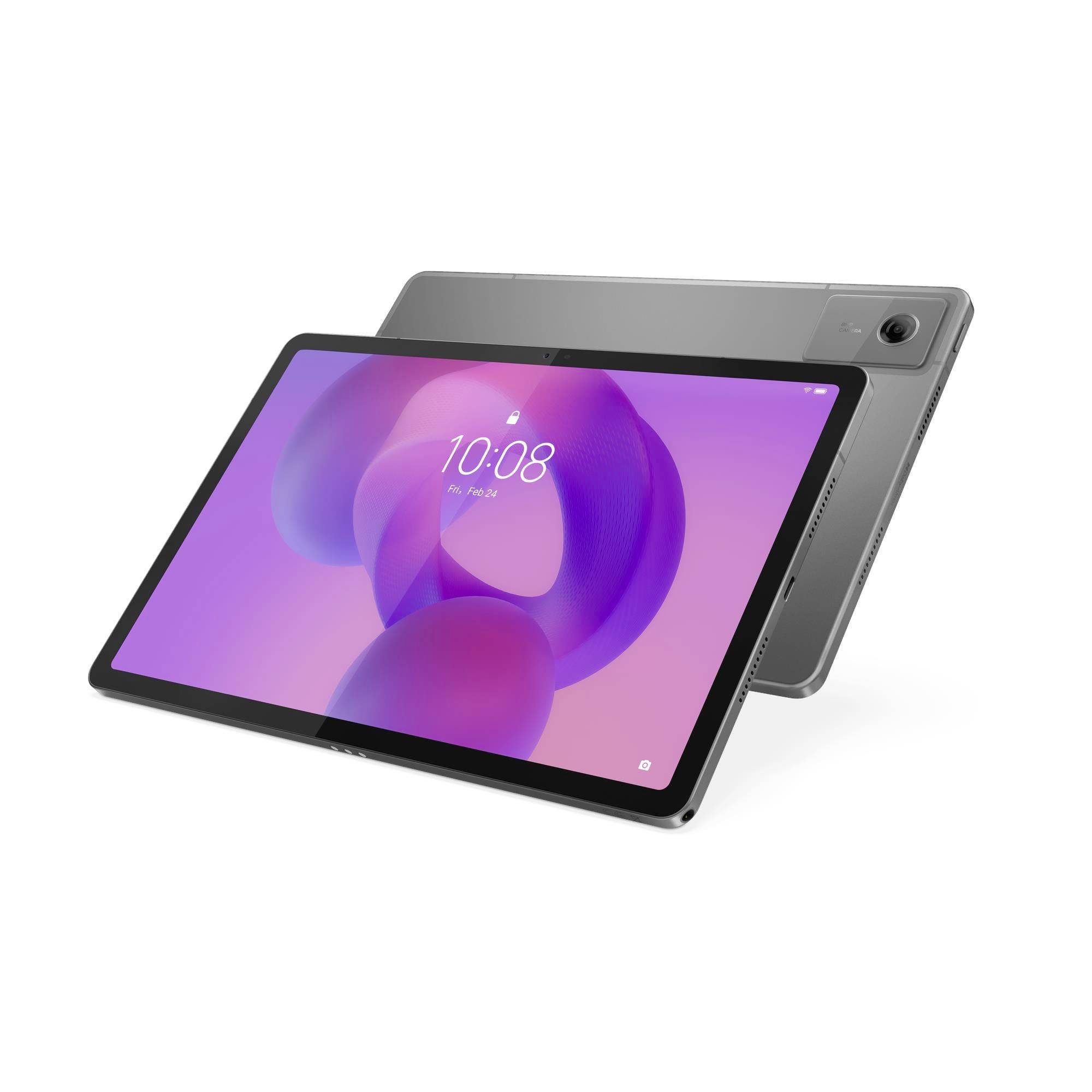 Grijze tablet weergegeven voor en achterkant, met een paars thuisscherm met 10:08, schuin op een witte achtergrond.