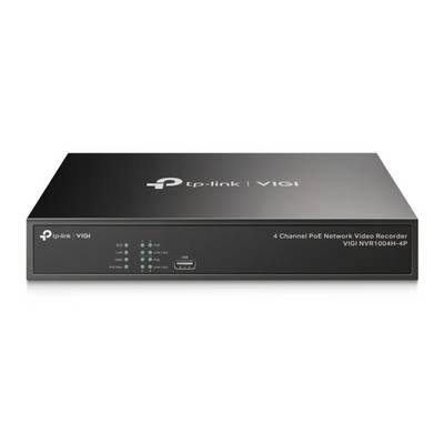 TP-Link VIGI 4-kanaals PoE netwerkvideorecorder, vooraanzicht op witte achtergrond.