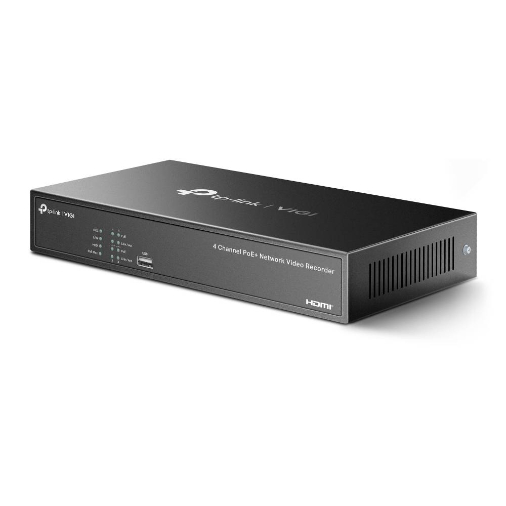 Zwarte TP-Link VIGI 4-kanaals PoE+ netwerkvideorecorder met voorkant statuslampjes, USB-poort en ventilatiesleuven.