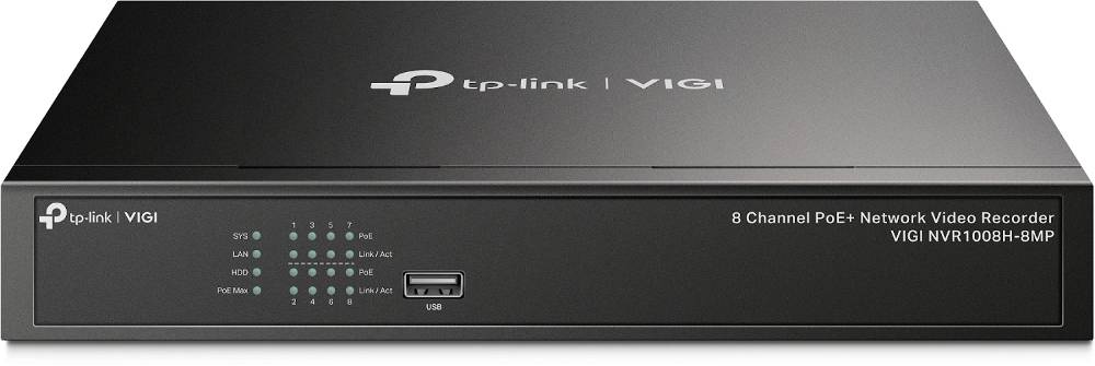 Vooraanzicht van een TP-Link VIGI 8-kanaals PoE+ netwerkvideoapparaat, model VIGI NVR1008H-8MP, met status-LED's en USB-poort.