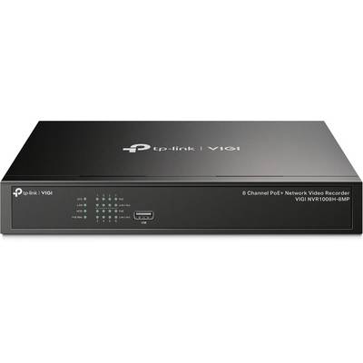 Vooraanzicht van een TP-Link VIGI 8-kanaals PoE+ netwerkvideoapparaat, model VIGI NVR1008H-8MP, met status-LED's en USB-poort.