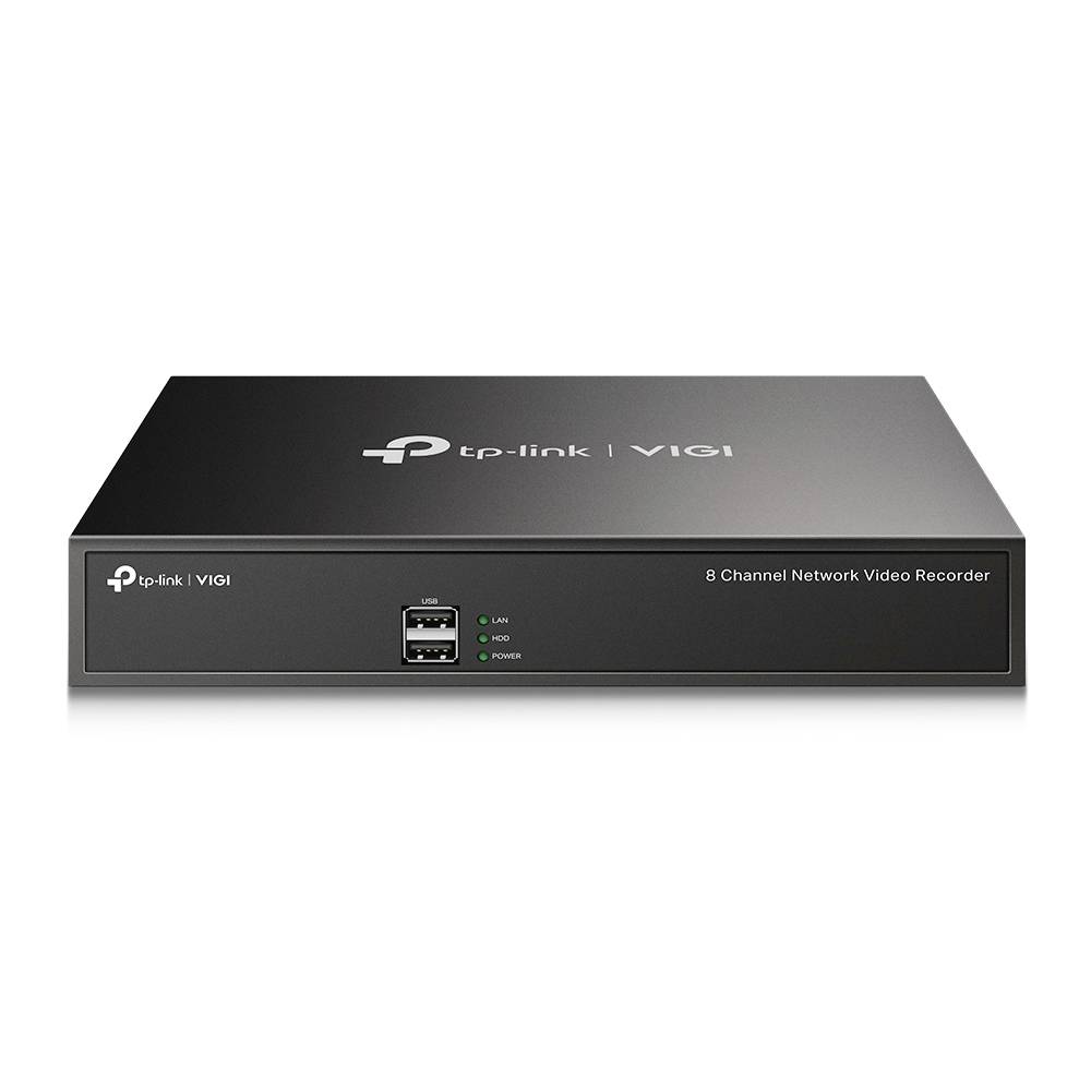 Zwarte TP-Link VIGI 8-kanaals netwerkvideorecorder weergegeven van voren en van boven, met USB-poorten en statuslampjes.