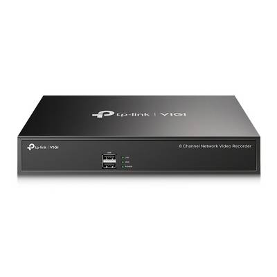 Zwarte TP-Link VIGI 8-kanaals netwerkvideorecorder weergegeven van voren en van boven, met USB-poorten en statuslampjes.