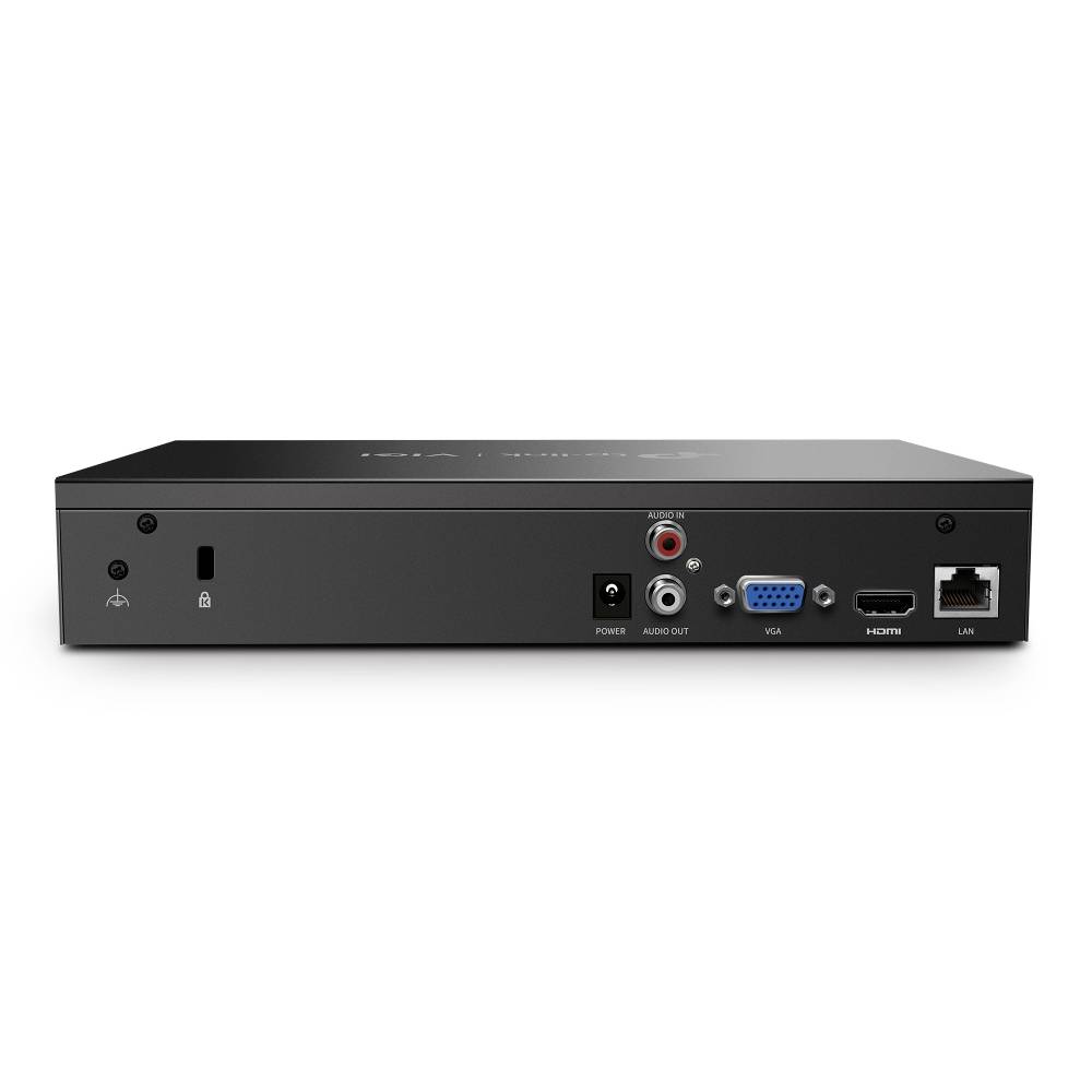 Achterkant van een zwart elektronisch apparaat met aansluitingen voor stroom, audio-uitgang, VGA, HDMI en LAN.