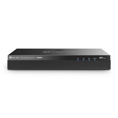 Zwarte TP-Link VIGI-netwerk videoapparaat met vooraan statuslampen en HDMI/USB-poorten, weergegeven op een witte achtergrond.