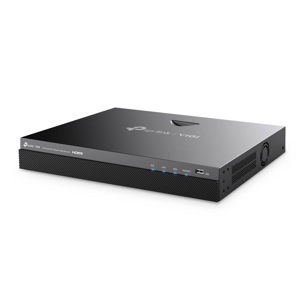 Zwarte TP-Link Omada router/appliance met voorafstatus-indicatoren en poorten, weergegeven in een productstijlweergave op een witte achtergrond.