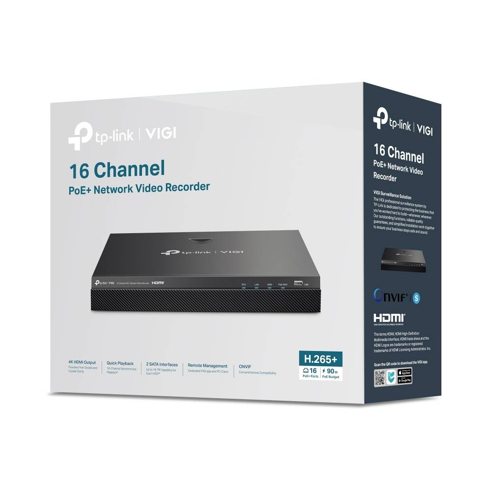TP-Link VIGI 16-kanaals PoE+ Netwerkvideorecorder doos met afbeelding van de recorder en functies zoals H.265+, ONVIF en HDMI-compatibiliteit.