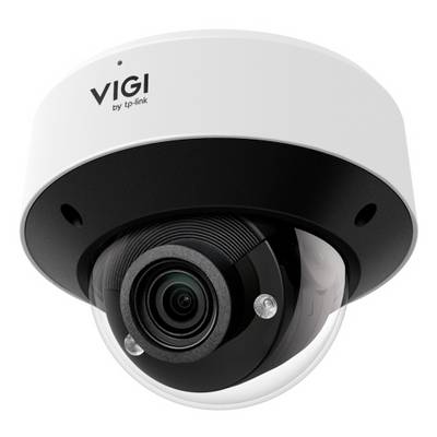 Een witte en zwarte VIGI van TP-Link domebeveiligingscamera met zichtbare lens en helder beschermende koepel.