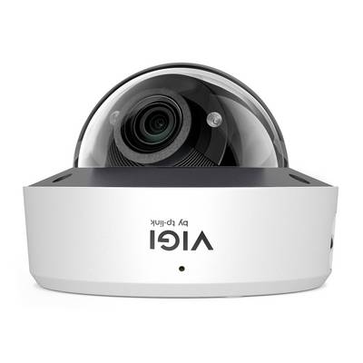 Witte VIGI door TP-Link dome beveiligingscamera, vooraanzicht met zichtbare lens en duidelijke beschermende koepel.