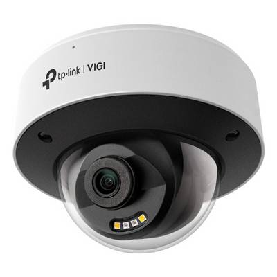 Tp-link VIGI koepelcamera met zichtbare lens en LED-verlichting op een wit-zwarte behuizing.