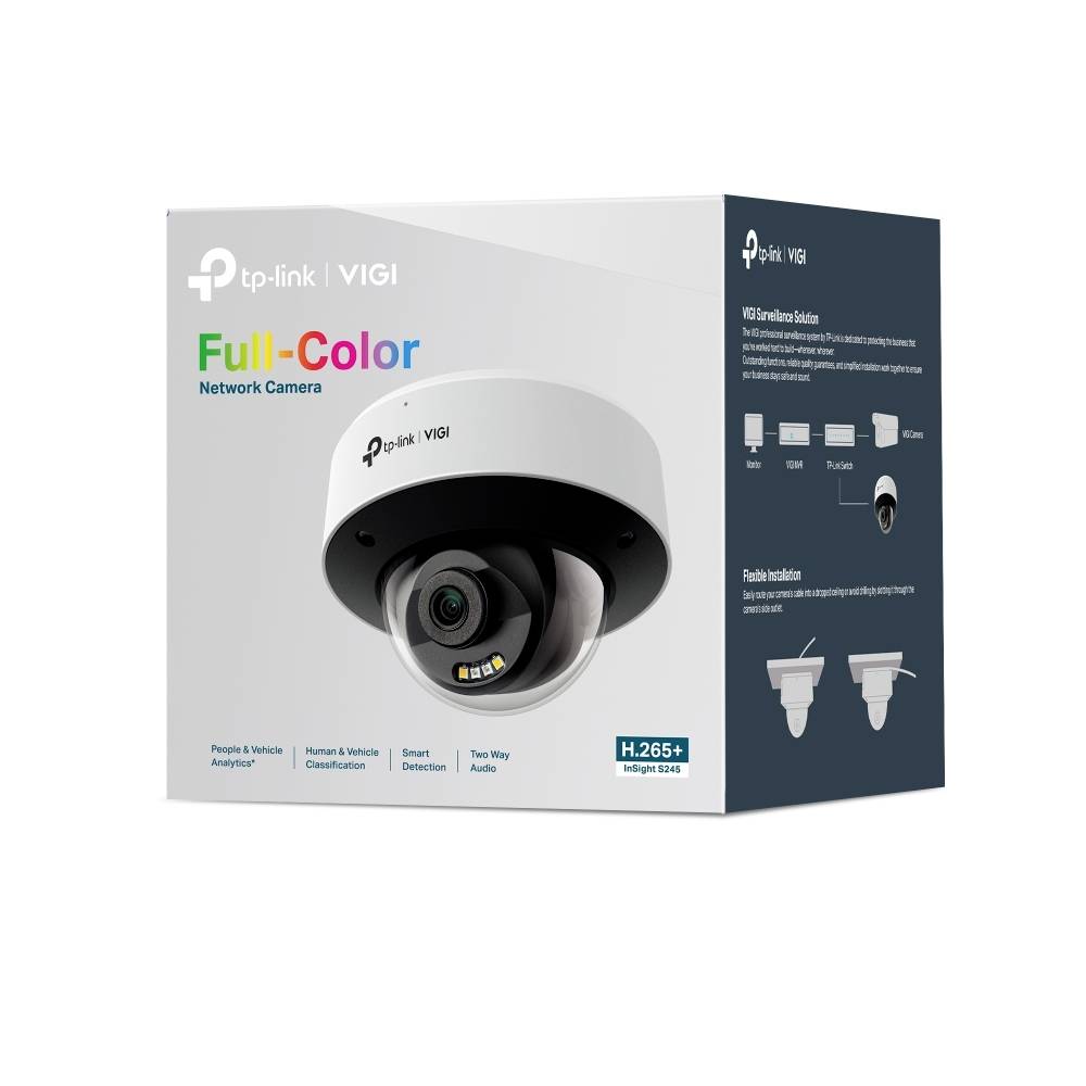Verpakte TP-Link VIGI Full-Color netwerkcamera, met een koepelvormige beveiligingscamera en functies zoals H.265+ video, tweerichtingsaudio en intelligente detectie.