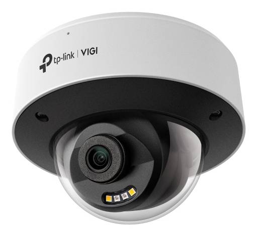 TP-Link VIGI dome beveiligingscamera met zichtbare lens en infrarode LED's op een witte achtergrond.