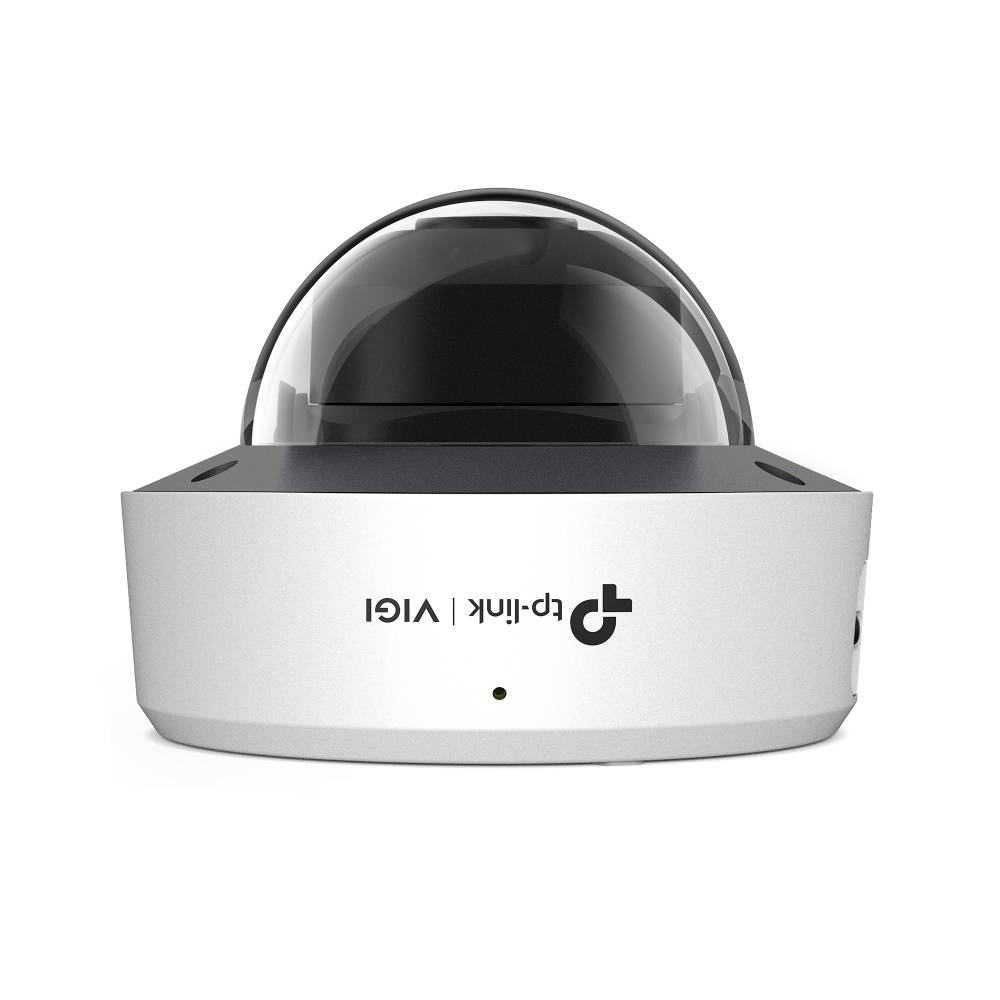 Witte koepelcamera voor beveiliging met zwart getinte afdekking en TP-Link VIGI-logo op de voorkant.