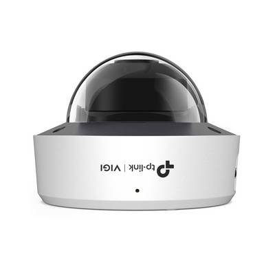 Witte koepelcamera voor beveiliging met zwart getinte afdekking en TP-Link VIGI-logo op de voorkant.