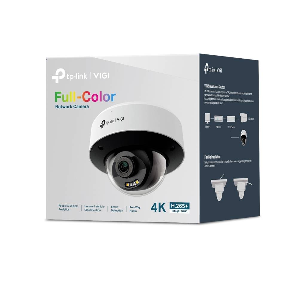 TP-Link VIGI volkleurige 4K-netwerkbeveiligingscamera retailverpakking, met een dome-camera en productkenmerken.