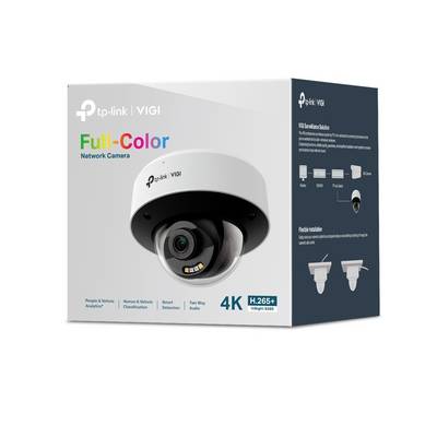 TP-Link VIGI volkleurige 4K-netwerkbeveiligingscamera retailverpakking, met een dome-camera en productkenmerken.