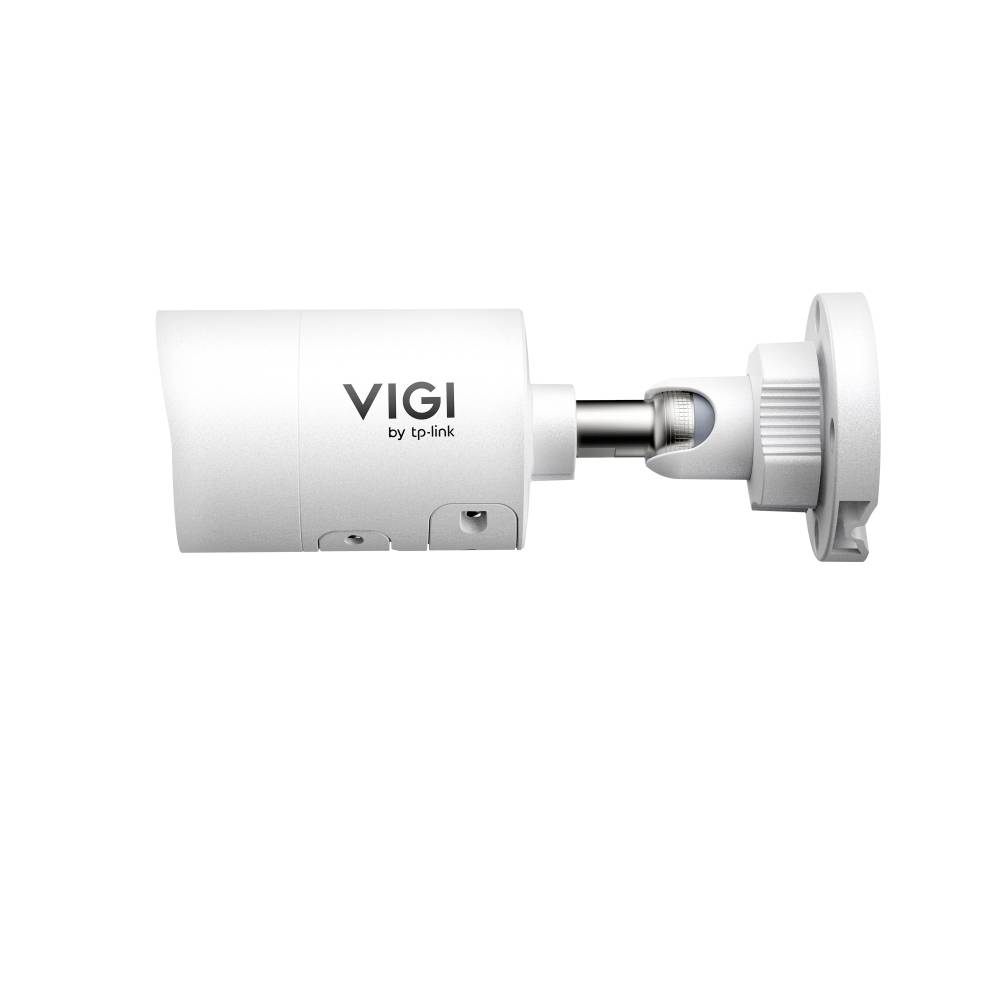 Witte VIGI beveiligingscamera van TP-Link gemonteerd op een verstelbare wandbeugel, weergegeven in zijkant op een witte achtergrond.