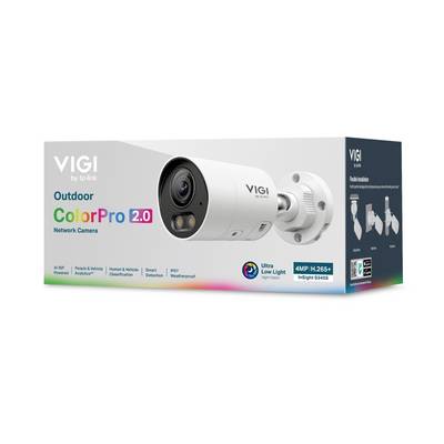 VIGI van TP-Link Outdoor ColorPro 2.0 netwerkcamera verpakking met een witte kogelvormige beveiligingscamera en productfuncties.