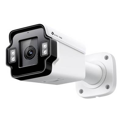 Witte TP-Link VIGI beveiligingscamera gemonteerd op een wandbeugel, weergegeven in een productachtig perspectief met frontlens en zijdelingse infrarood-LED's.