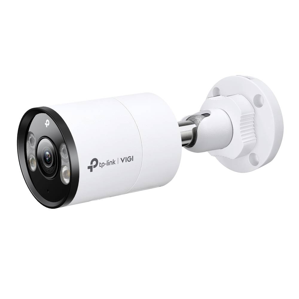 Witte TP-Link VIGI bullet beveiligingscamera gemonteerd op een wandbeugel, weergegeven in een zijdeaanzicht op een witte achtergrond.