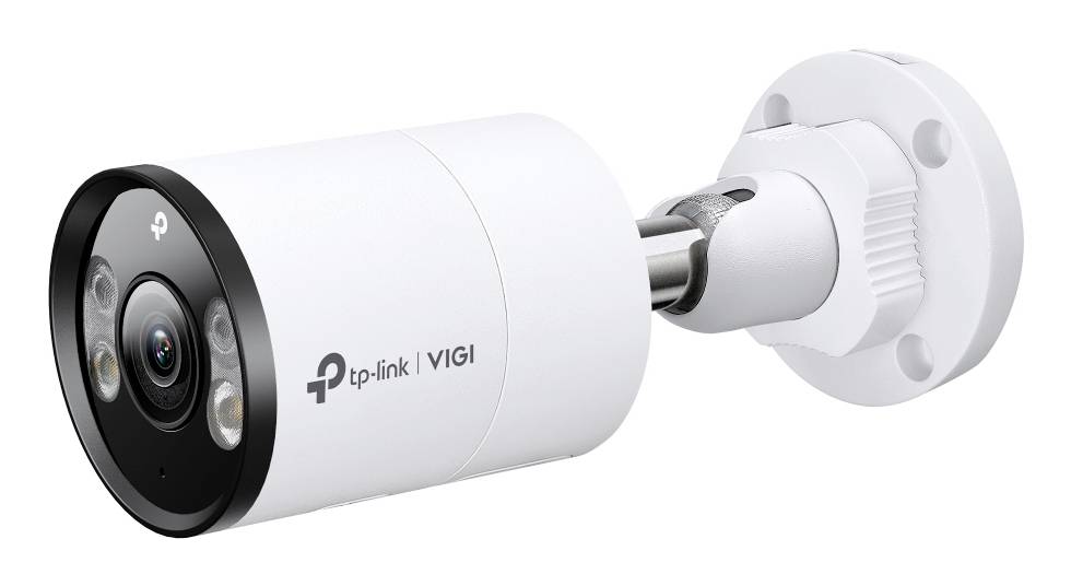 TP-Link VIGI witte cilindrische beveiligingscamera op een wandbeugel gemonteerd, weergegeven in productstijl met zichtbare lens en LED's.